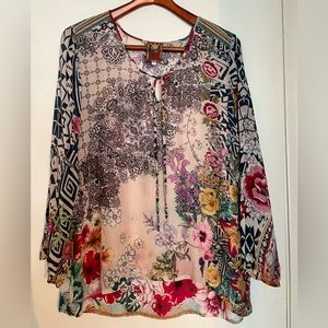 Johnny Was Floral Mixed Print Top Tunic Tie Split Neck Multi Colors